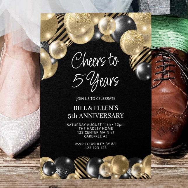 Modern Black and Gold 5th Anniversary Invitation (Creator Uploaded)