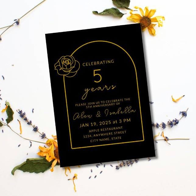 Modern Black and Gold 5th Wedding Anniversary Invitation (Modern, elegant, minimalist black and gold custom 5th year wood wedding anniversary invitation.png)