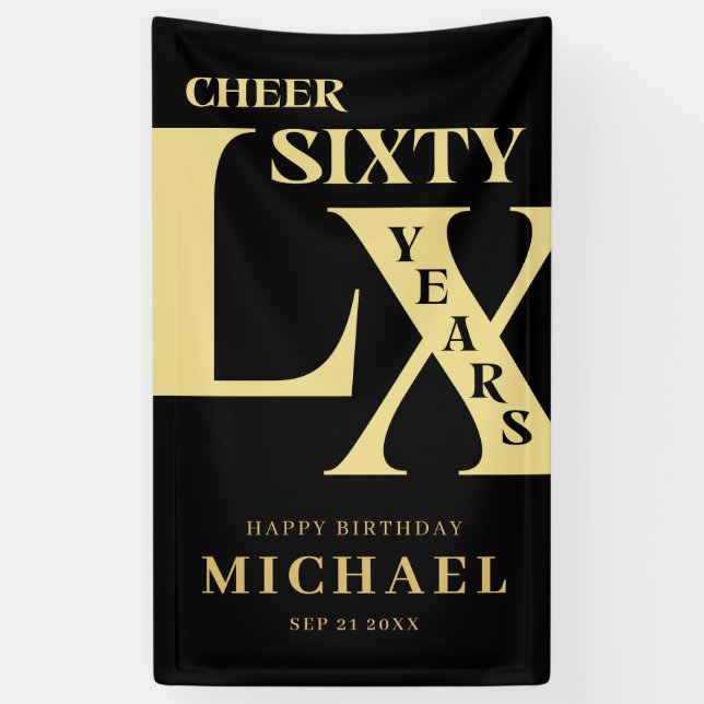Modern Black and Gold 60th Birthday Banner (Vertical)