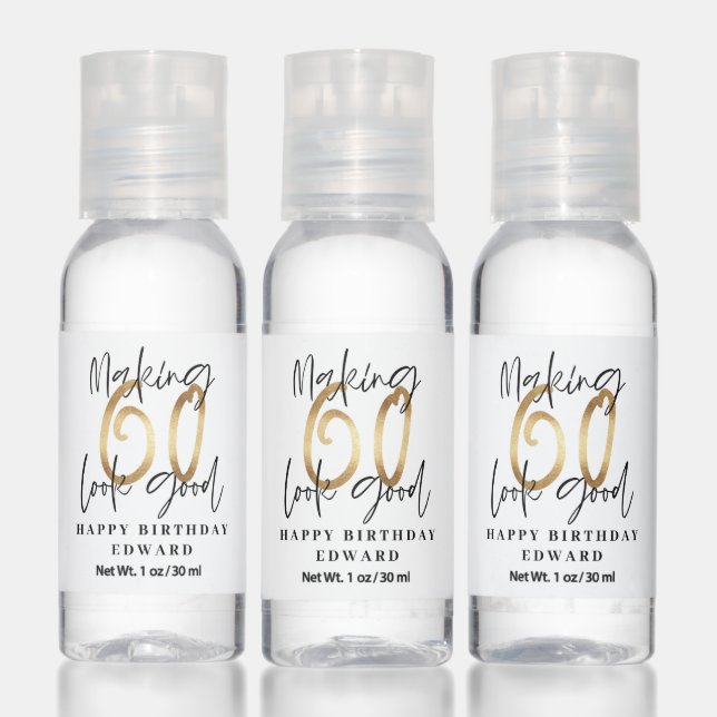 Modern black and gold 60th birthday party hand sanitizer (Set)