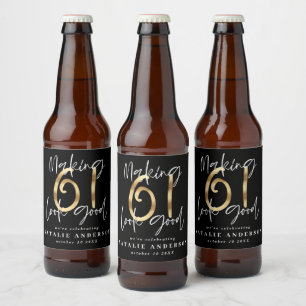 Modern black and gold 61st birthday celebration beer bottle label