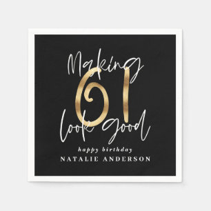 Modern black and gold 61st birthday celebration napkins
