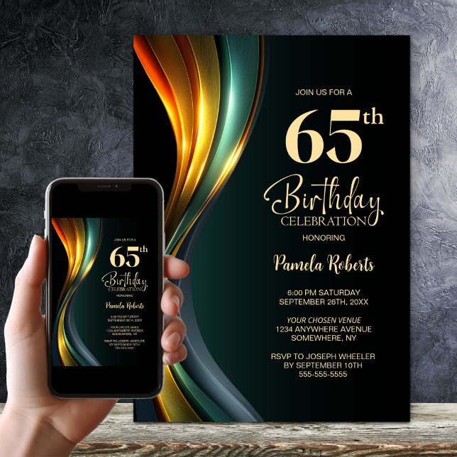 Modern Black and Gold 65th Birthday Party Invitation (Creator Uploaded)