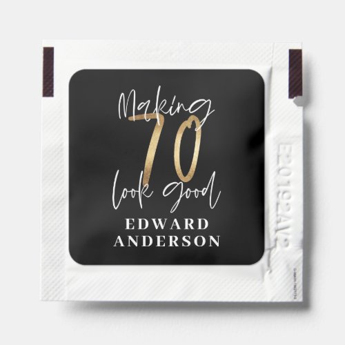 Modern black and gold 70th birthday celebration hand sanitizer packet