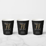 modern black and gold 70th birthday party paper cups<br><div class="desc">Modern 70th birthday typography black and gold effect birthday party ware. Modern script text stylish elegant design. name is editable. Part of a collection.</div>