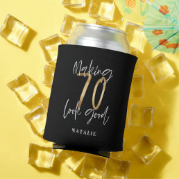 Modern black and gold 70th birthday stylish  can cooler