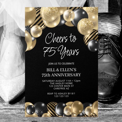 Modern Black and Gold 75th Anniversary Invitation