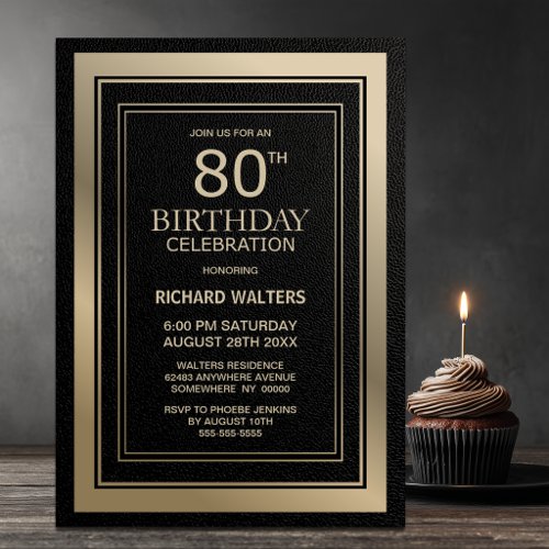 Modern Black and Gold 80th Birthday Party Invitation
