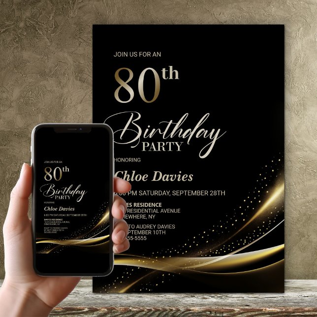 Modern Black and Gold 80th Birthday Party Invitation (Creator Uploaded)