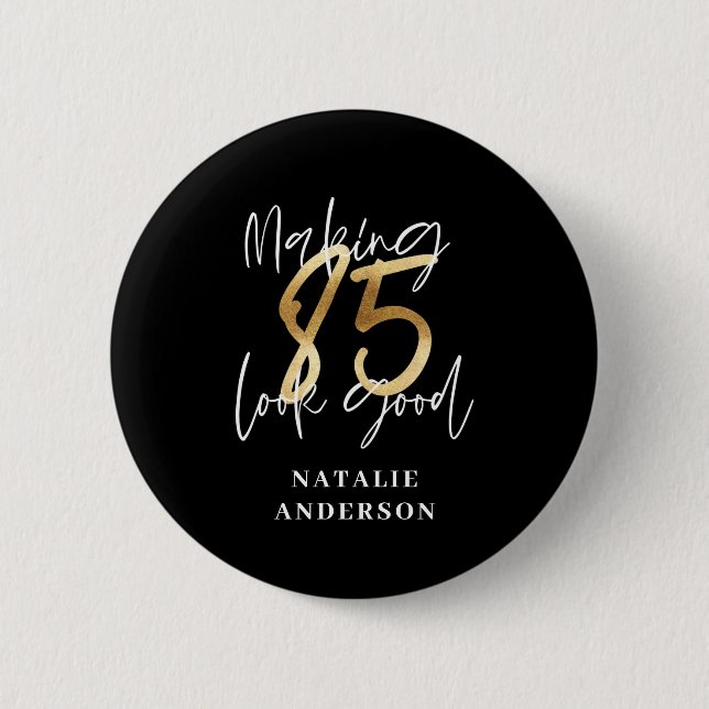modern black and gold 85th birthday party button (Front)