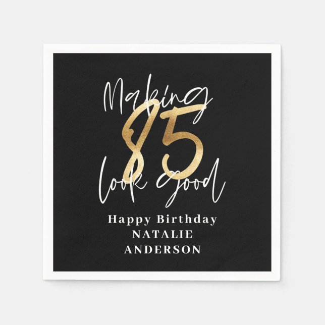 modern black and gold 85th birthday party  napkins (Front)