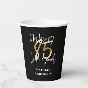 modern black and gold 85th birthday party paper cups
