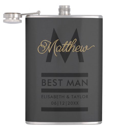 Modern Black and Gold Add Name  Monogram Best Man Flask