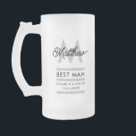 Modern Black and Gold Add Name & Monogram Best Man Frosted Glass Beer Mug<br><div class="desc">Elegant and modern golden typography to personalize with your best man's name and monogram,  your names and wedding date.</div>