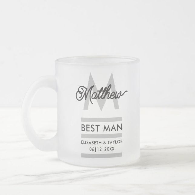 Modern Black and Gold Add Name & Monogram Best Man Frosted Glass Coffee Mug (Left)
