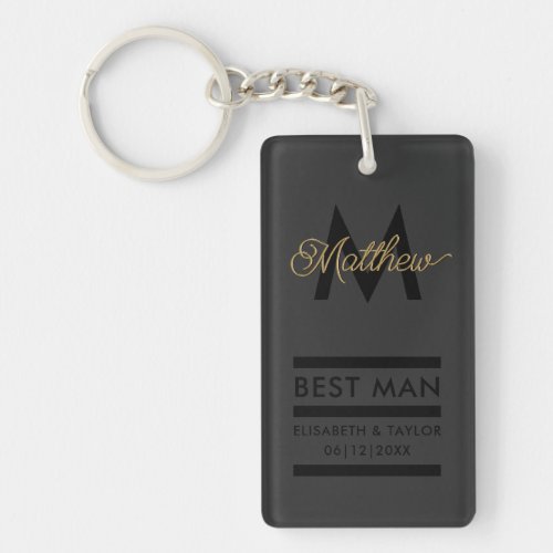 Modern Black and Gold Add Name  Monogram Best Man Keychain