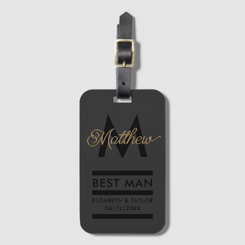 Modern Black and Gold Add Name  Monogram Best Man Luggage Tag