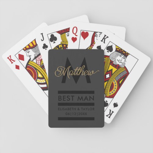 Modern Black and Gold Add Name  Monogram Best Man Poker Cards