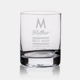 Modern Black and Gold Add Name & Monogram Best Man Rocks Glass
