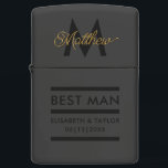 Modern Black and Gold Add Name & Monogram Best Man Zippo Lighter<br><div class="desc">Elegant and modern golden typography to personalize with your best man's name and monogram,  your names and wedding date.</div>