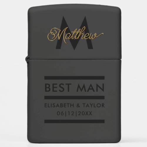 Modern Black and Gold Add Name  Monogram Best Man Zippo Lighter