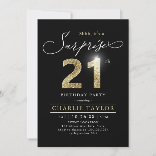 Modern black and gold adult surprise 21st birthday invitation