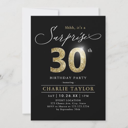 Modern black and gold adult surprise 30th birthday invitation