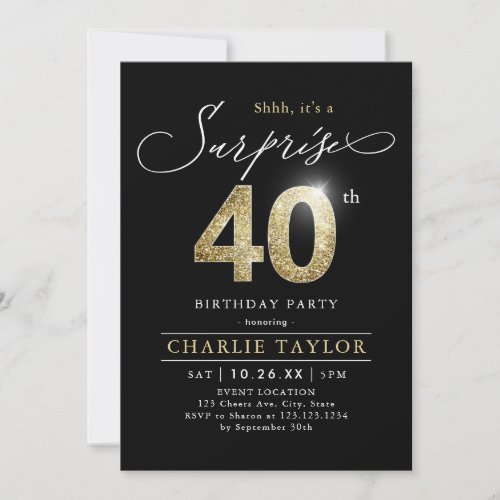 Modern black and gold adult surprise 40th birthday invitation