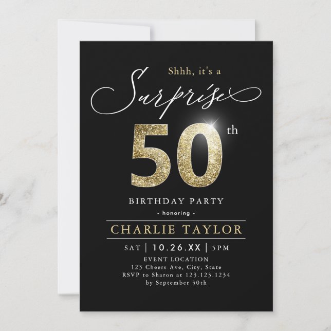 Modern black and gold adult surprise 50th birthday invitation (Front)