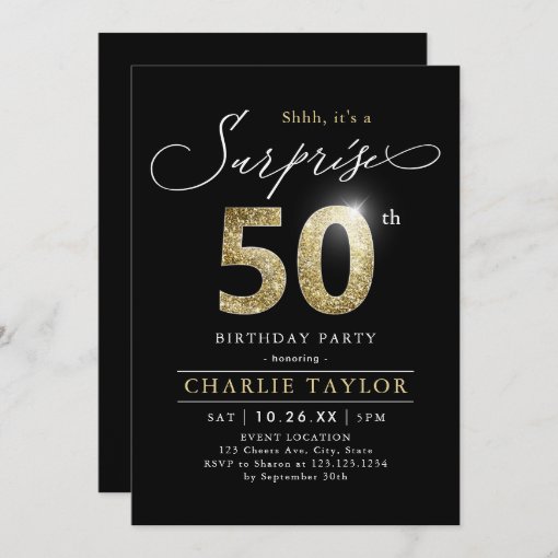 Modern black and gold adult surprise 50th birthday invitation | Zazzle