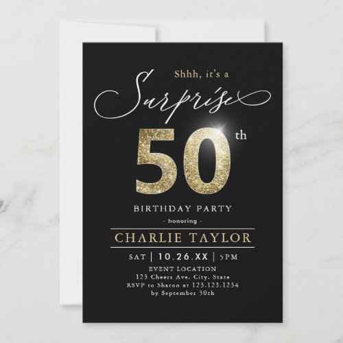 Modern black and gold adult surprise 50th birthday invitation