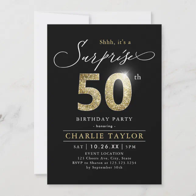 Modern black and gold adult surprise 50th birthday invitation | Zazzle