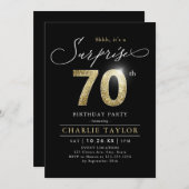 Modern black and gold adult surprise 70th birthday invitation (Front/Back)