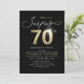 Modern black and gold adult surprise 70th birthday invitation (Standing Front)