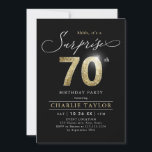 Modern black and gold adult surprise 70th birthday invitation<br><div class="desc">Modern Shhh, it's a surprise 70th birthday party invitation features stylish script and faux gold glitter number 70 and your party details on black background color, simple and elegant, great surprise adult milestone birthday invitation for men and women. the black background color can be changed to any color of your...</div>