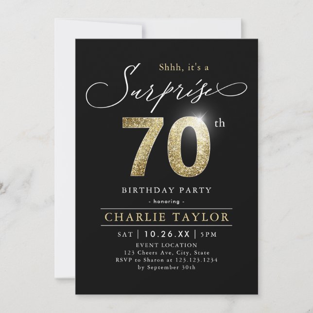 Modern black and gold adult surprise 70th birthday invitation (Front)