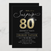 Modern black and gold adult surprise 80th birthday invitation (Front/Back)