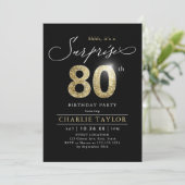 Modern black and gold adult surprise 80th birthday invitation (Standing Front)