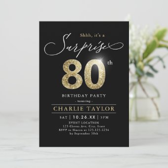 Modern black and gold adult surprise 80th birthday invitation | Zazzle