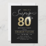 Modern black and gold adult surprise 80th birthday invitation<br><div class="desc">Modern Shhh, it's a surprise 80th birthday party invitation features stylish script and faux gold glitter number 80 and your party details on black background color, simple and elegant, great surprise adult milestone birthday invitation for men and women. the black background color can be changed to any color of your...</div>