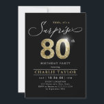 Modern black and gold adult surprise 80th birthday invitation<br><div class="desc">Modern Shhh, it's a surprise 80th birthday party invitation features stylish script and faux gold glitter number 80 and your party details on black background color, simple and elegant, great surprise adult milestone birthday invitation for men and women. the black background color can be changed to any color of your...</div>