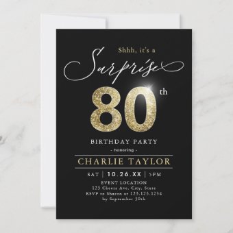 Modern black and gold adult surprise 80th birthday invitation | Zazzle