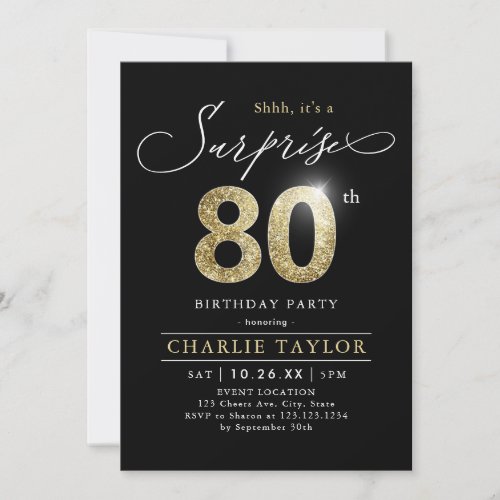 Modern black and gold adult surprise 80th birthday invitation