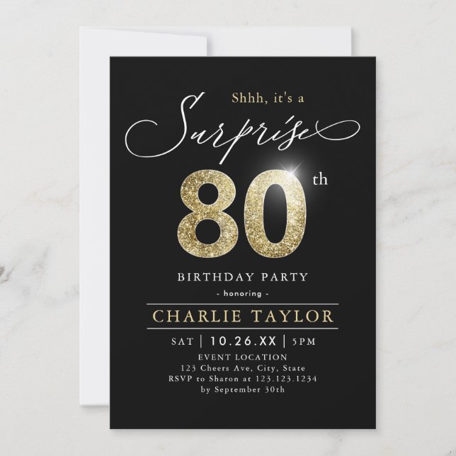 Modern black and gold adult surprise 80th birthday invitation (Front)