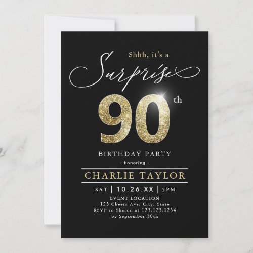 Modern black and gold adult surprise 90th birthday invitation