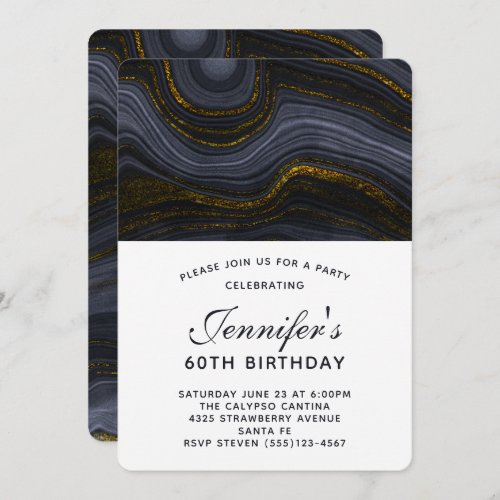 Modern Black and Gold Agate Stone Birthday Invitation