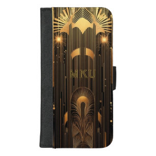 Modern Black and Gold Art Deco Monogram iPhone 8/7 Plus Wallet Case