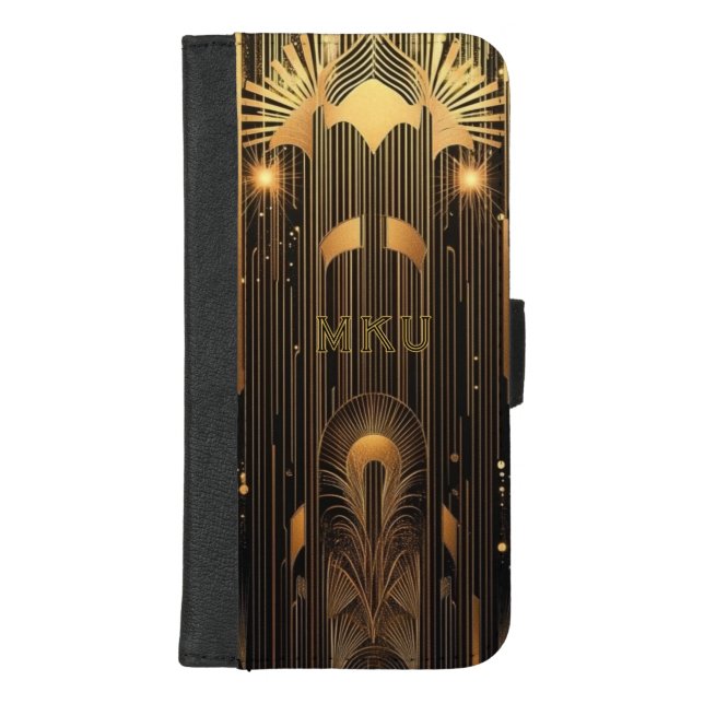 Modern Black and Gold Art Deco Monogram iPhone Wallet Case (Front)