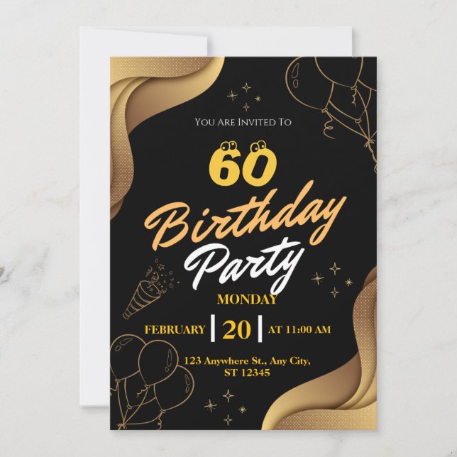 Modern Black and Gold balloon invitation birthday  (Front)