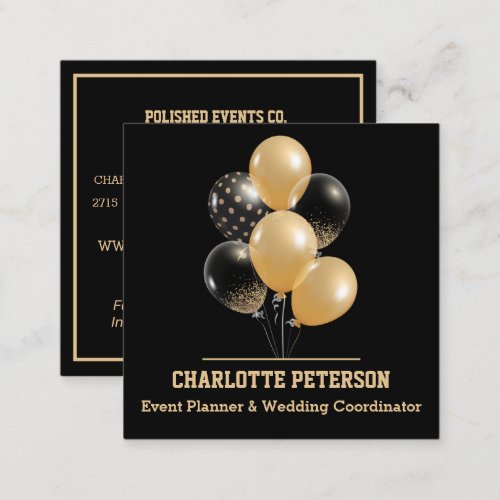 Modern Black and Gold  Balloons Event Planner Square Business Card